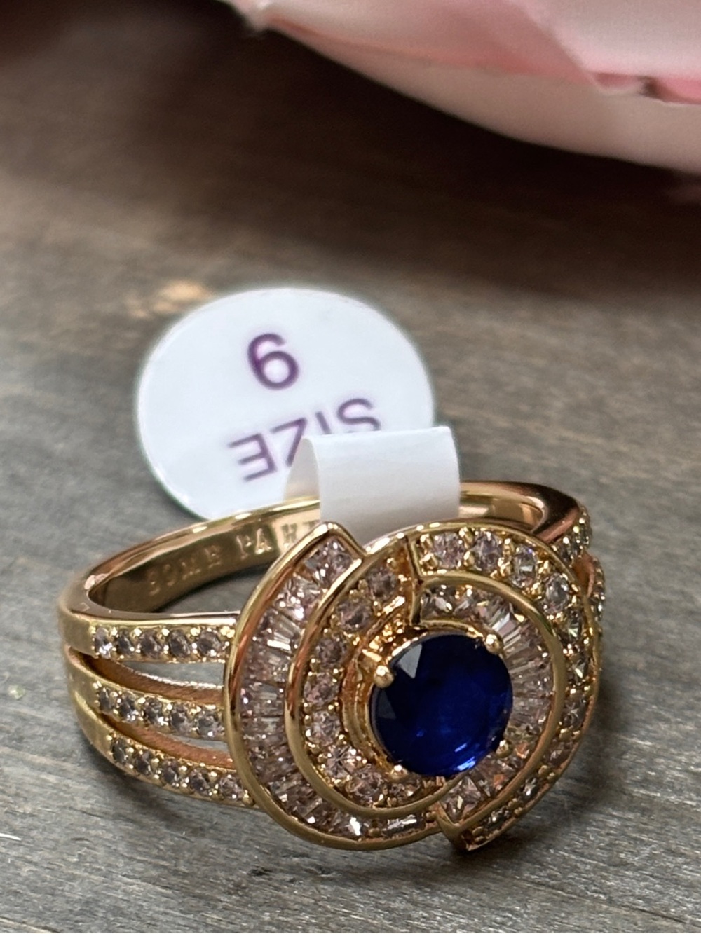 Bomb Party Gold and Blue Sapphire Halo Cocktail Ring - Size 9